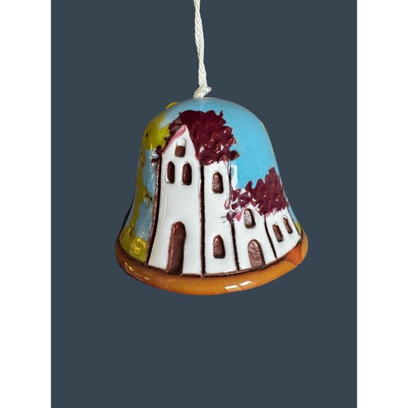 Hand Painted Pottery Bell Ornament Mountain Village Scene Folk Art 1 1/8" - Picture 2 of 6